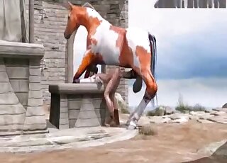 Slim animated brunette is vigorously rammed by a massive horse cock