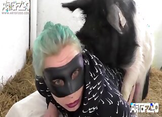 Punkish cougar gets dominated by chubby pig in a barn