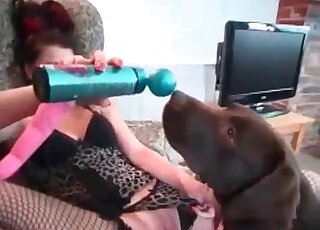 Wife in fishnet stockings opens legs to let her dog eat her snatch