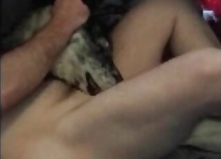 Naked pervert calls up his dog to take his throbbing cock in mouth